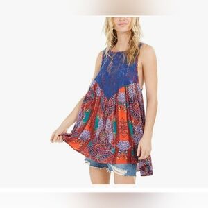 Free People Boho Asymmetrical Blue & Red Tunic, Size Small